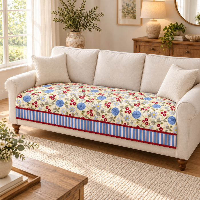 Blue Red Meadow Floral Printed Quilted Sofa Mat – 1 Seater, 2 Seater, 3 Seater