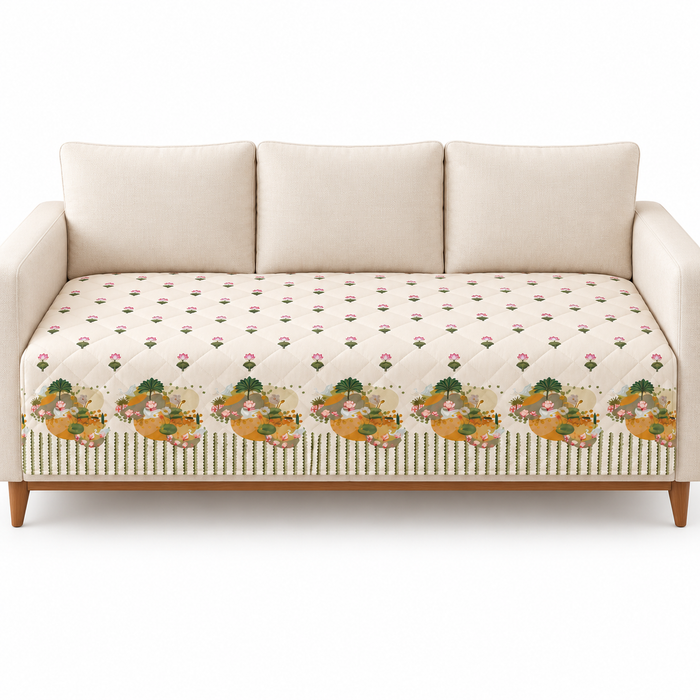 Pichwai Lotus Pond Printed Quilted Sofa Mat – 1 Seater, 2 Seater, 3 Seater