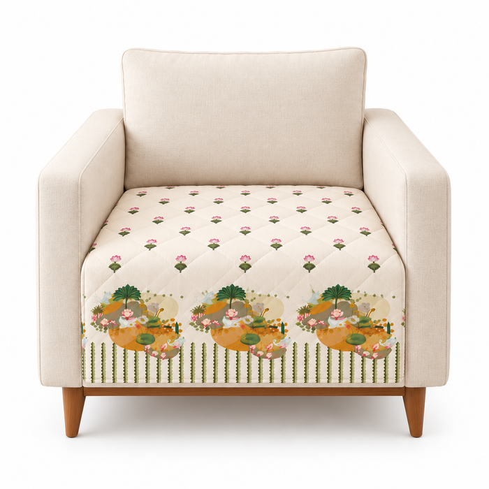 Pichwai Lotus Pond Printed Quilted Sofa Mat – 1 Seater, 2 Seater, 3 Seater