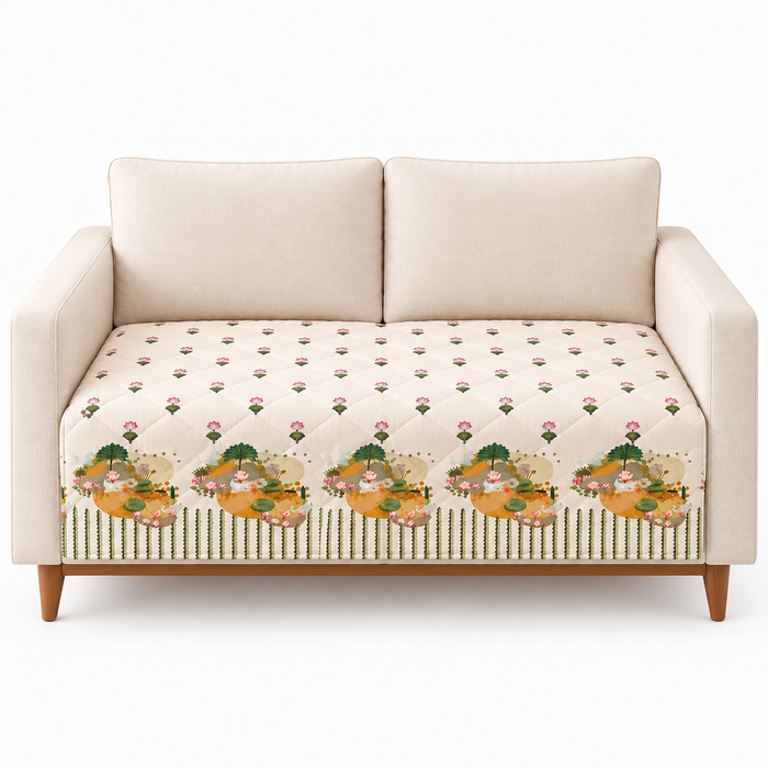 Pichwai Lotus Pond Printed Quilted Sofa Mat – 1 Seater, 2 Seater, 3 Seater
