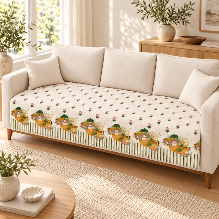 Pichwai Lotus Pond Printed Quilted Sofa Mat – 1 Seater, 2 Seater, 3 Seater