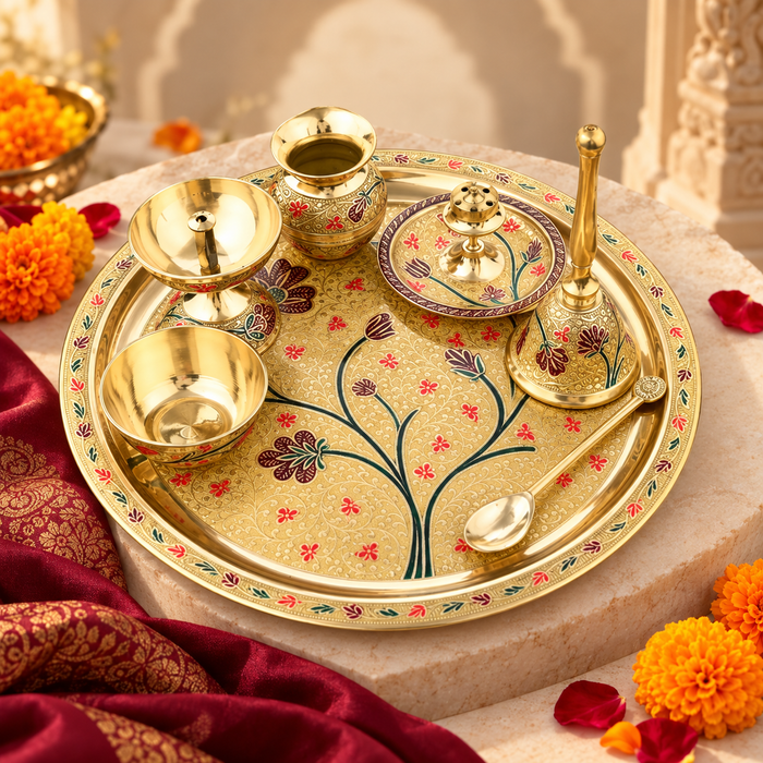 Brass Pooja Thali Set of 8 – Hand Painted, Antique Gold Finish with Gift Box