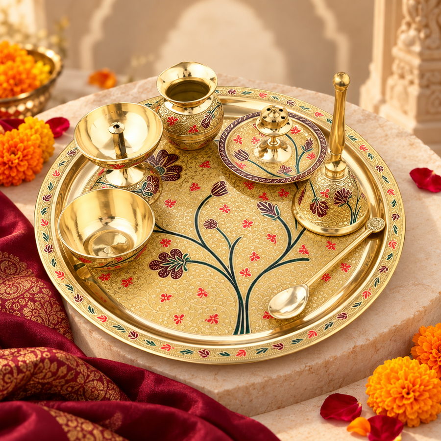 Brass Pooja Thali Set of 8 – Hand Painted, Antique Gold Finish with Gift Box