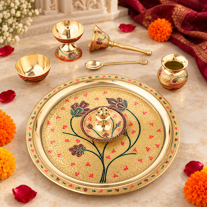 Brass Pooja Thali Set of 8 – Hand Painted, Antique Gold Finish with Gift Box
