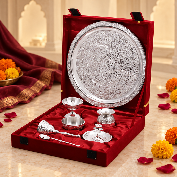 Brass Pooja Thali Set, Silver Plated, 7 Pcs with Gift Box