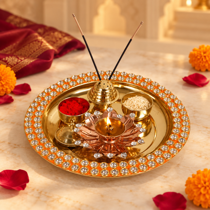 Red Meenakari Crystal Pooja Thali Set of 5 – Gold Finish with Floral Centerpiece