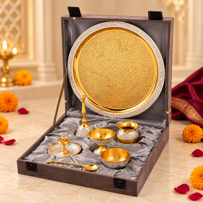 Brass Pooja Thali Set, Silver and Gold Colour, 7 Pcs with Wooden Gift Box