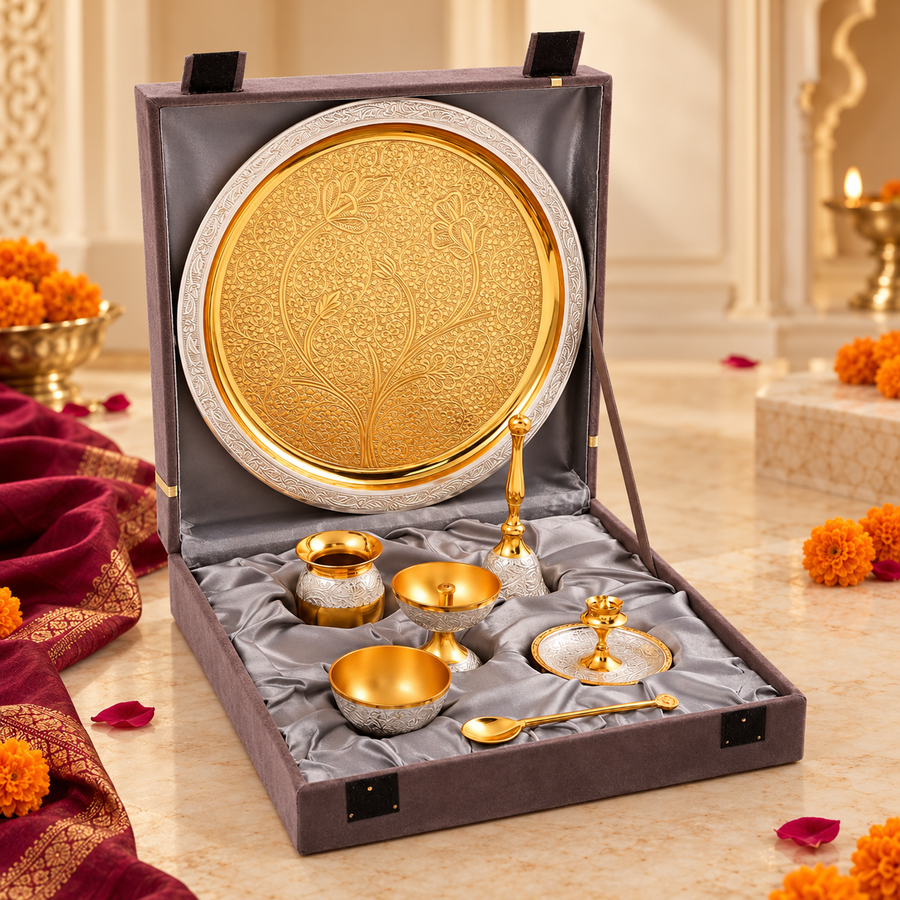 Brass Pooja Thali Set, Silver and Gold Colour, 7 Pcs with Wooden Gift Box