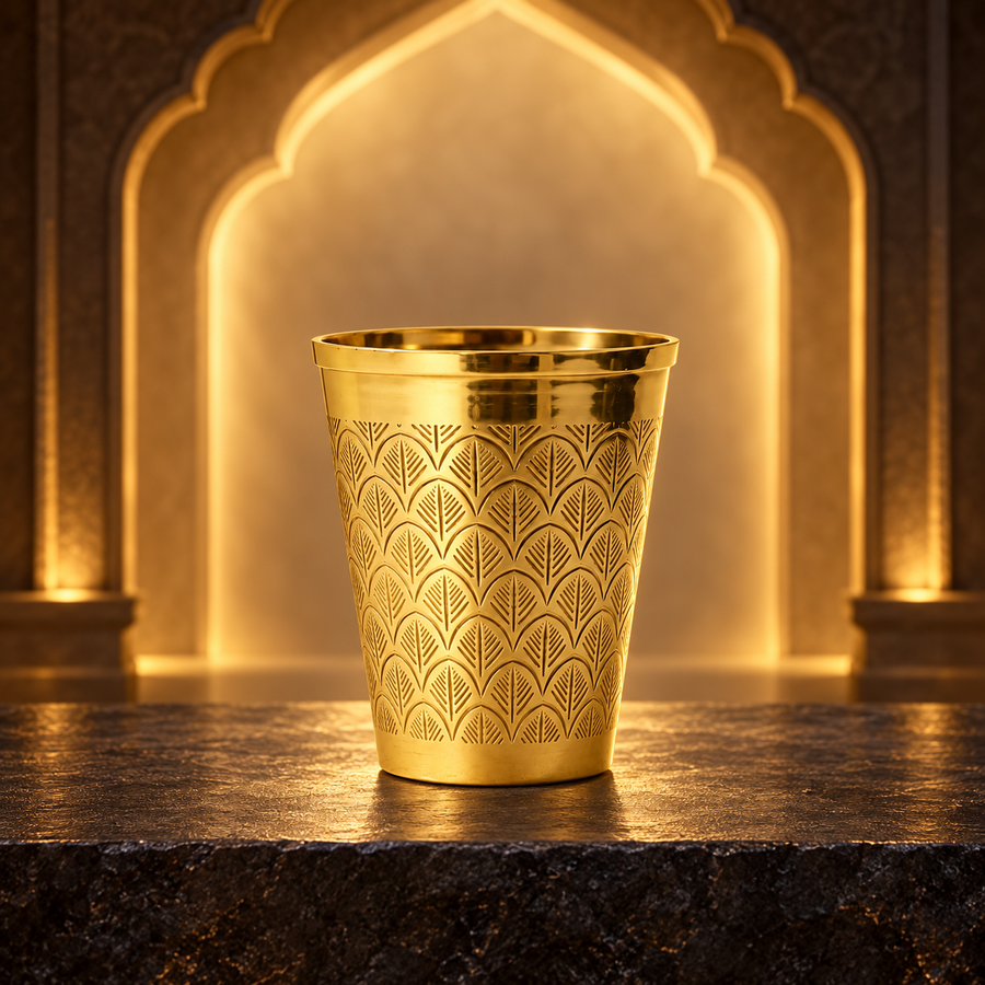 Brass Water Glass 300 ml – Handcrafted Leaf Engraved Brass Tumbler