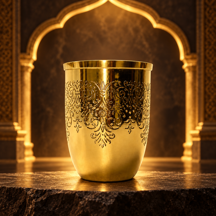 Hand Engraved Brass Tumbler 300 ml – Classic Engraved Design, Golden Luster