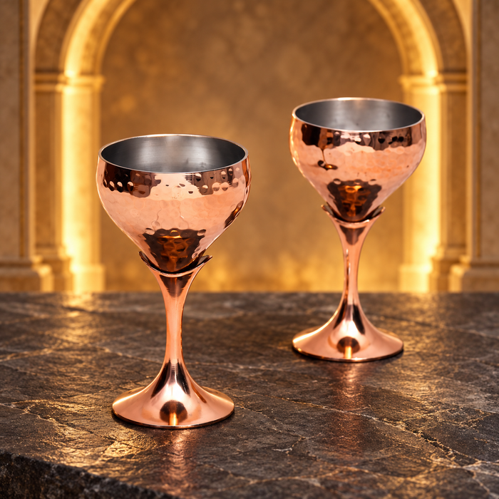 Hammered Copper Goblet Glass Set of 2 – Stainless Steel Interior, Shatterproof
