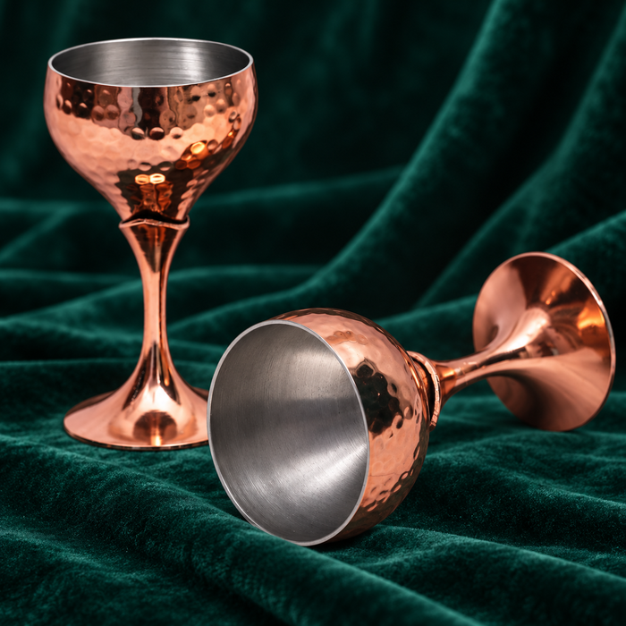 Hammered Copper Goblet Glass Set of 2 – Stainless Steel Interior, Shatterproof