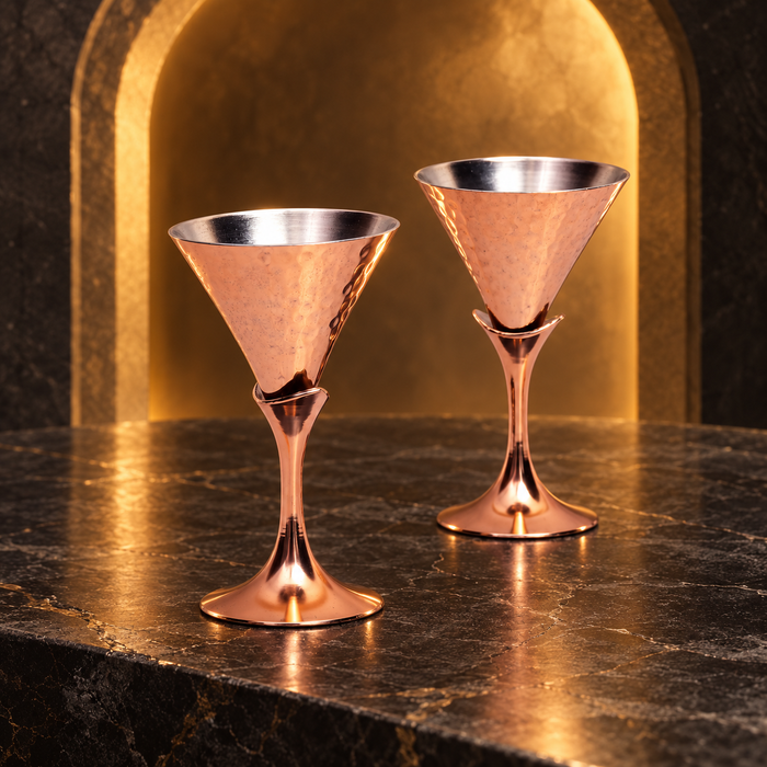 Hammered Copper Cocktail Glass Set of 2 with Black Coasters – Conical Stemmed Design