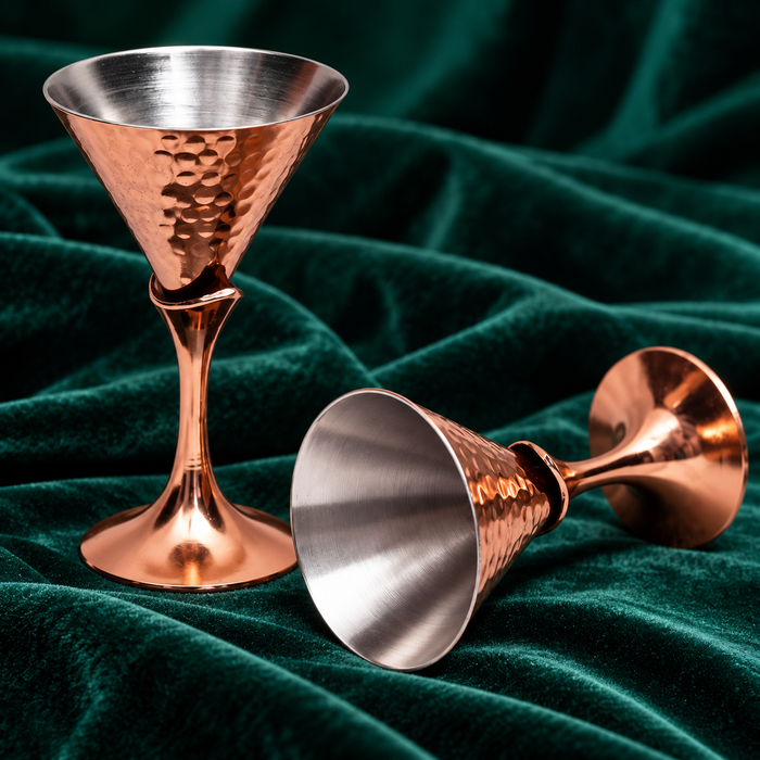 Hammered Copper Cocktail Glass Set of 2 with Black Coasters – Conical Stemmed Design