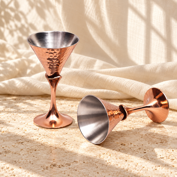 Hammered Copper Cocktail Glass Set of 2 with Black Coasters – Conical Stemmed Design