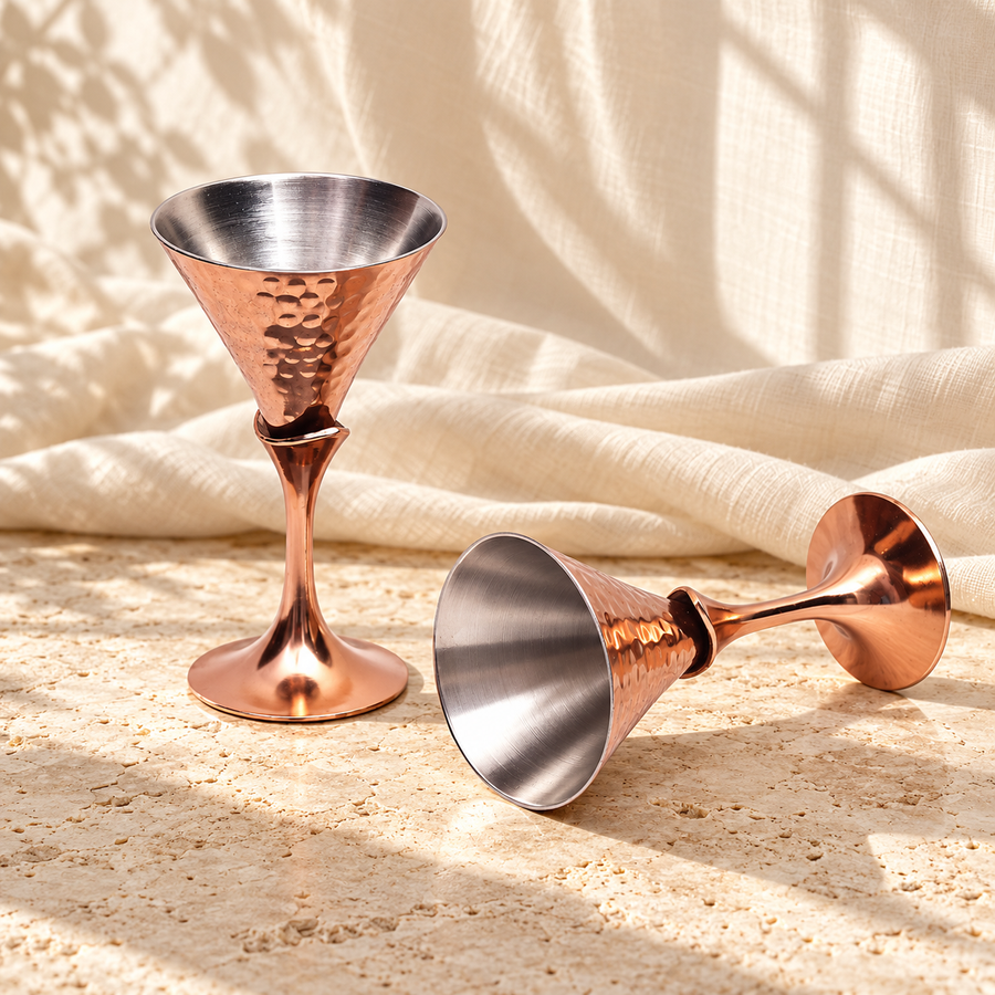 Hammered Copper Cocktail Glass Set of 2 with Black Coasters – Conical Stemmed Design