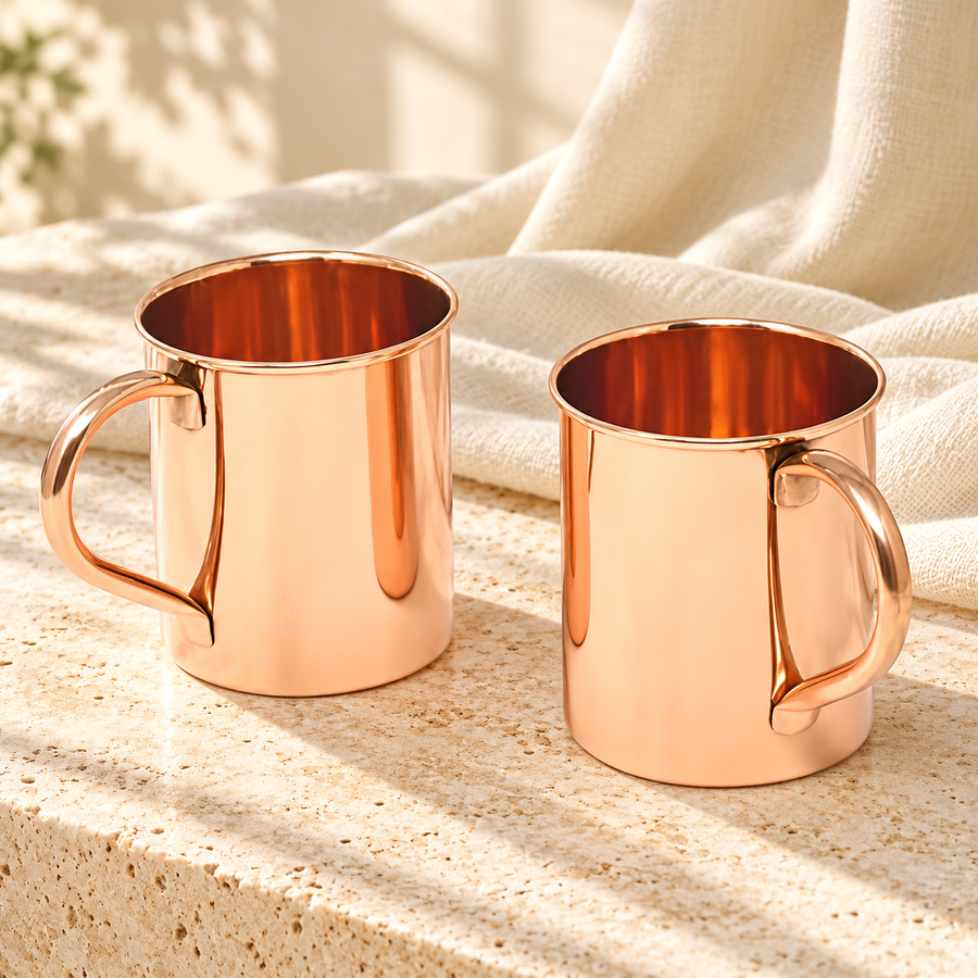 Pure Copper Mug Set of 2 – 400 ml (14 oz) with Copper Handle, Glossy Finish