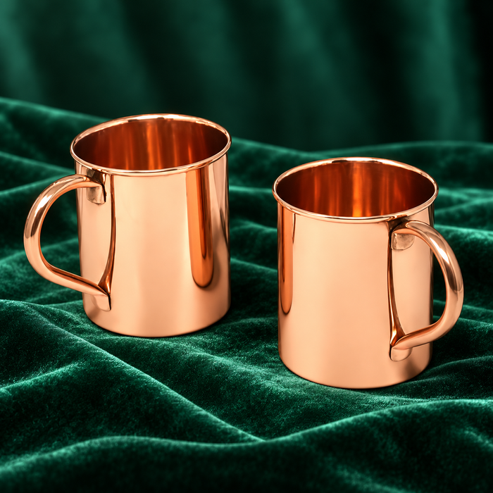 Pure Copper Mug Set of 2 – 400 ml (14 oz) with Copper Handle, Glossy Finish