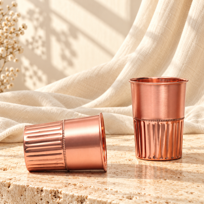 Pure Copper Water Glass Set of 2 – Half Rope Design Tumbler, 300 ml