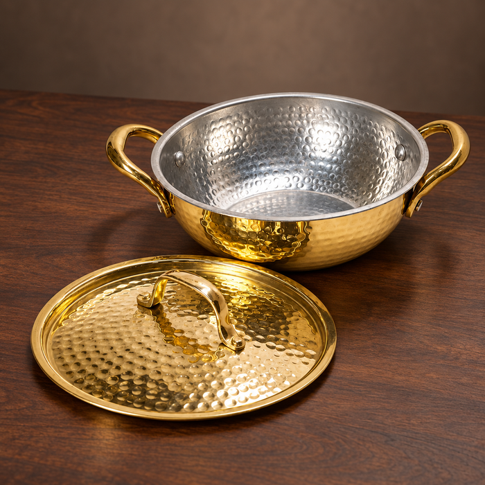 Brass Hammered Kadhai with Lid & Handle