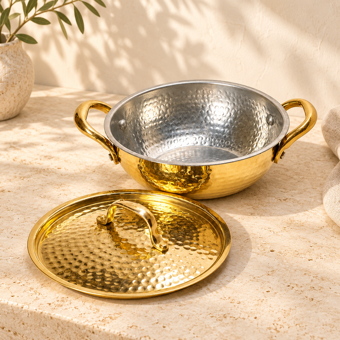Brass Hammered Kadhai with Lid & Handle