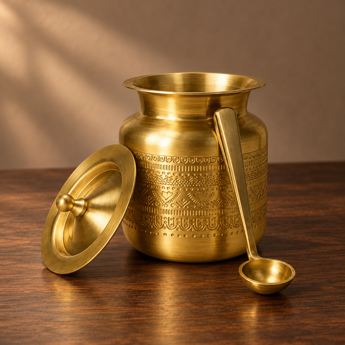 Brass Engraved Ghee Pot with Lid & Spoon