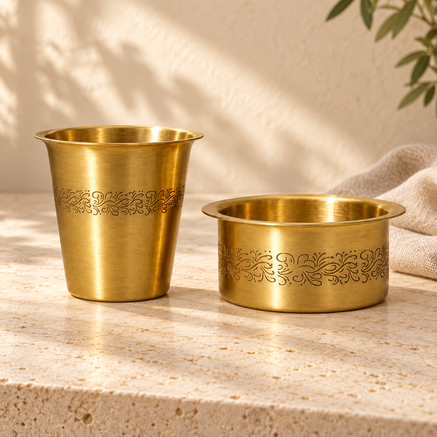 Brass Floral Engraved Dabra Set with Tumbler & Bowl