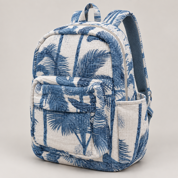 Blue Palm Print Kinder Multipurpose Kids Backpack – Quilted Cotton