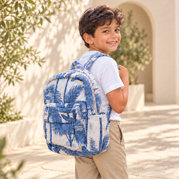 Blue Palm Print Kinder Multipurpose Kids Backpack – Quilted Cotton