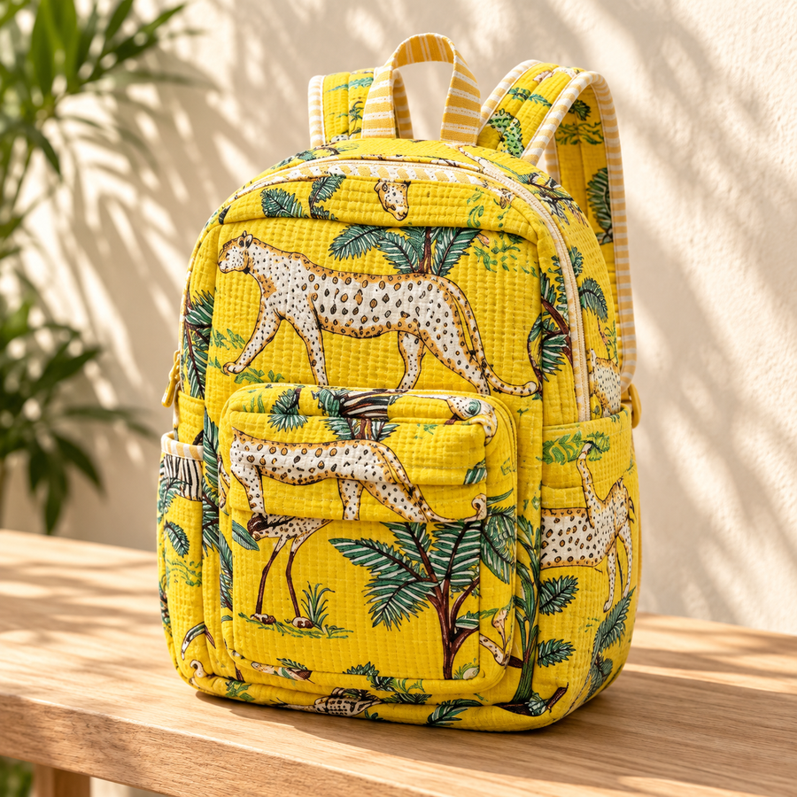 Yellow Safari Print Kinder Multipurpose Kids Backpack – Quilted Cotton