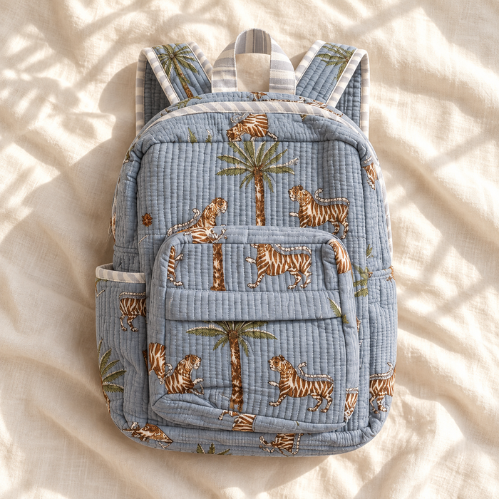 Grey Tiger Print Kinder Multipurpose Kids Backpack – Quilted Cotton