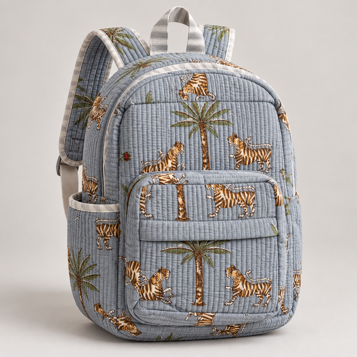 Grey Tiger Print Kinder Multipurpose Kids Backpack – Quilted Cotton
