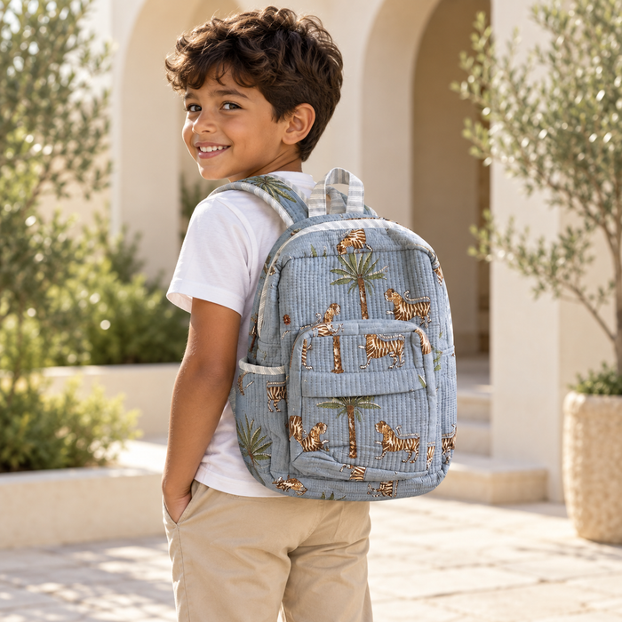 Grey Tiger Print Kinder Multipurpose Kids Backpack – Quilted Cotton