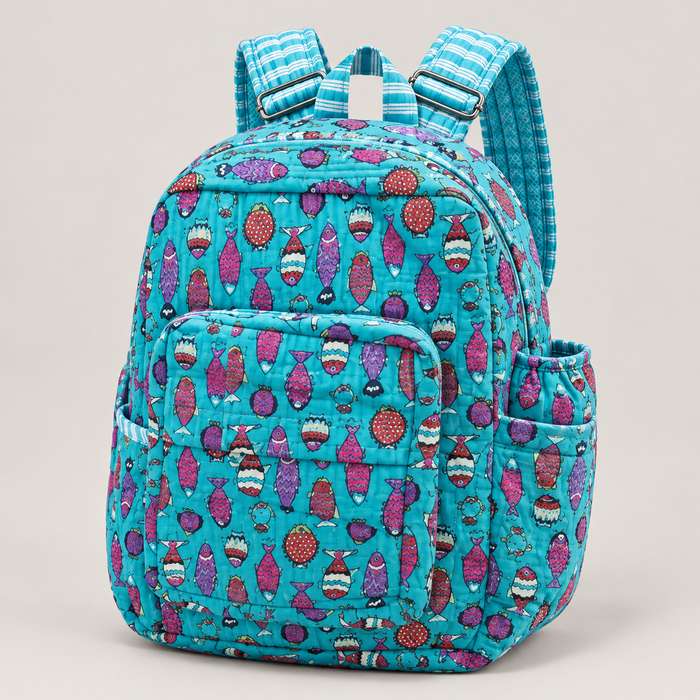 Turquoise Fish Print Kinder Multipurpose Kids Backpack – Quilted Cotton