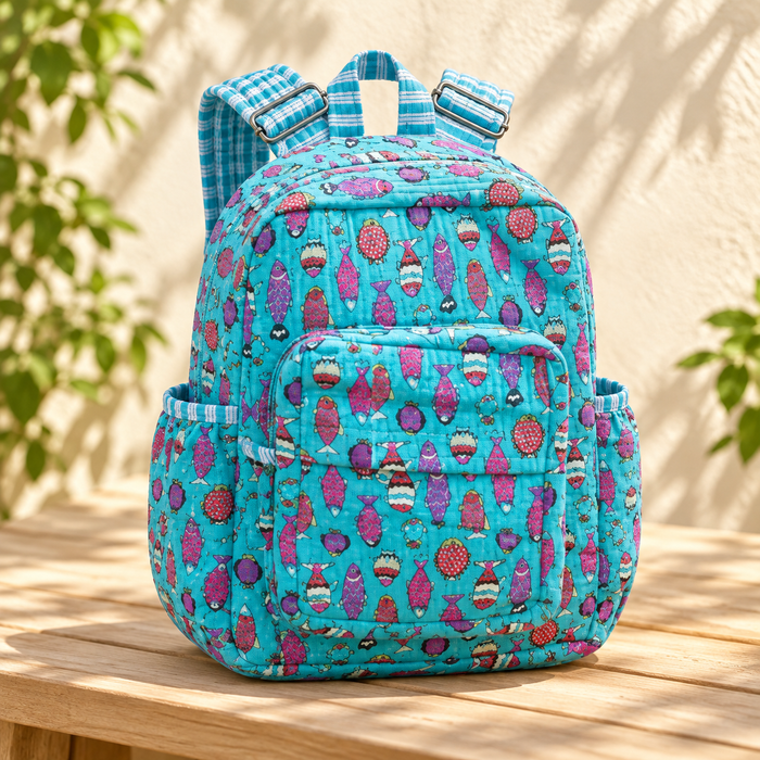 Turquoise Fish Print Kinder Multipurpose Kids Backpack – Quilted Cotton