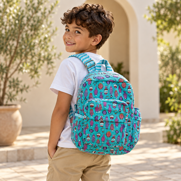Turquoise Fish Print Kinder Multipurpose Kids Backpack – Quilted Cotton