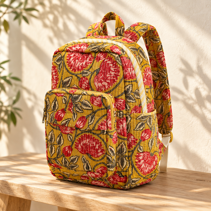 Mustard Floral Print Kinder Multipurpose Kids Backpack – Quilted Cotton