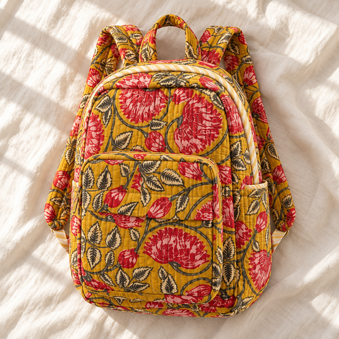 Mustard Floral Print Kinder Multipurpose Kids Backpack – Quilted Cotton