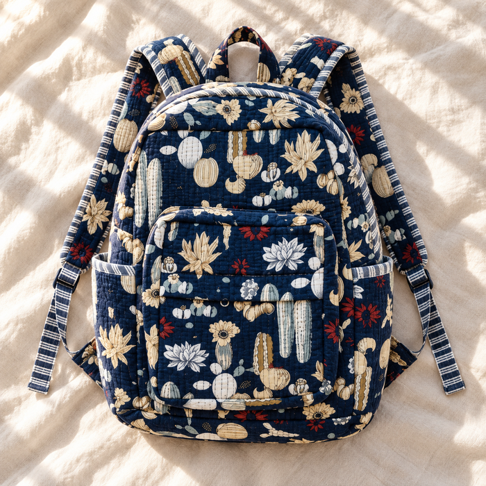Navy Cactus Print Kinder Multipurpose Kids Backpack – Quilted Cotton