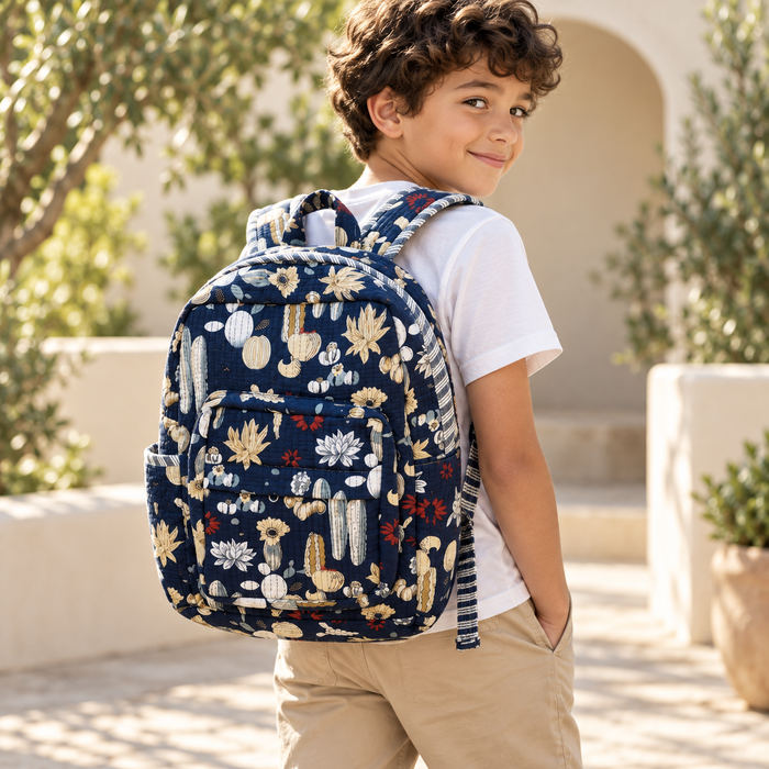 Navy Cactus Print Kinder Multipurpose Kids Backpack – Quilted Cotton