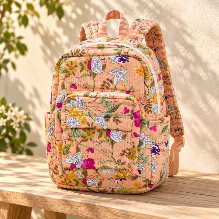 Peach Wildflower Print Kinder Multipurpose Kids Backpack – Quilted Cotton