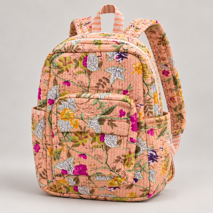 Peach Wildflower Print Kinder Multipurpose Kids Backpack – Quilted Cotton