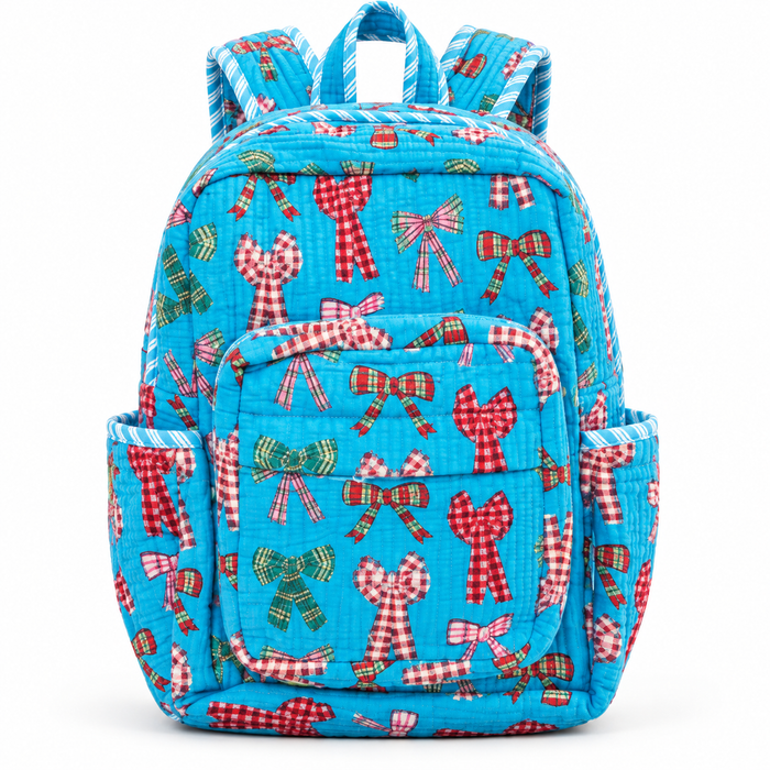 Sky Blue Bow Print Kinder Multipurpose Kids Backpack – Quilted Cotton