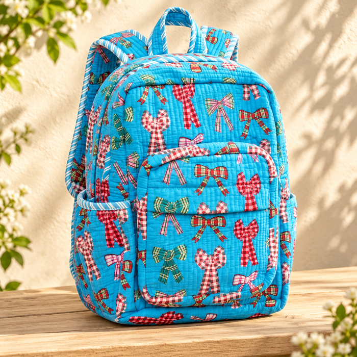 Sky Blue Bow Print Kinder Multipurpose Kids Backpack – Quilted Cotton