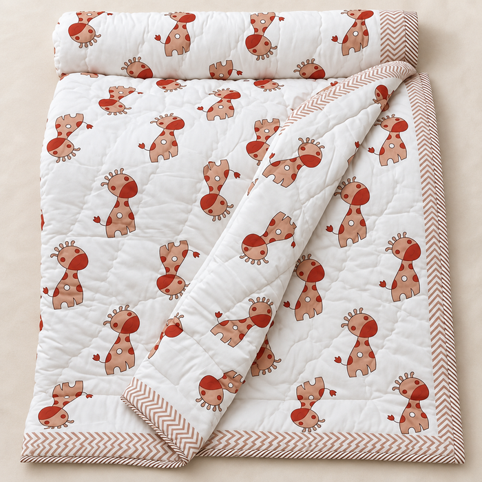 Terracotta Giraffe Print Soft Malmal Kids Single Bed Razai – 100% Cotton