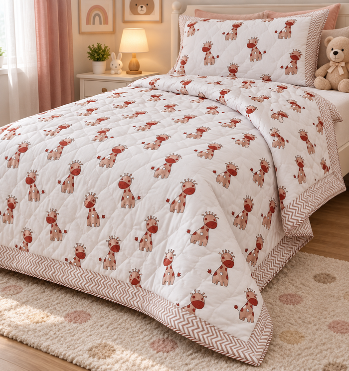 Terracotta Giraffe Print Soft Malmal Kids Single Bed Razai – 100% Cotton