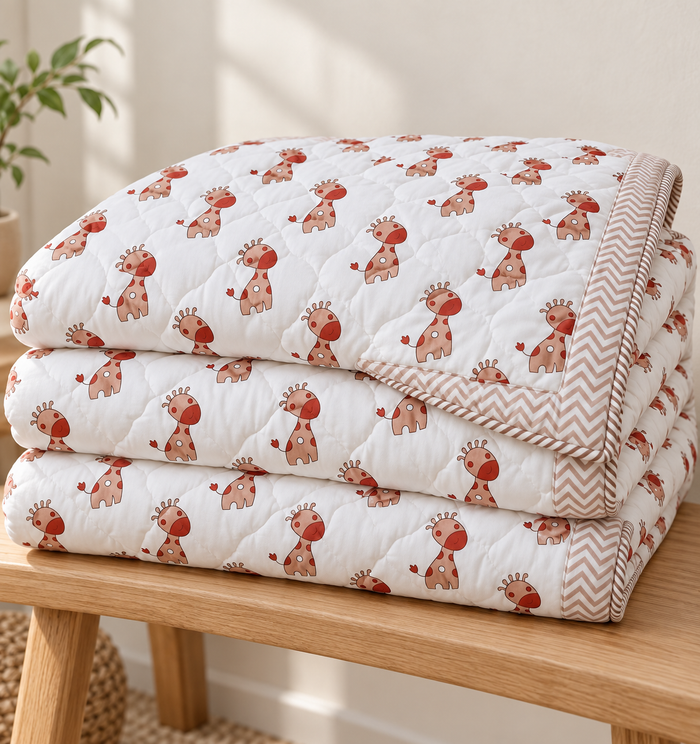Terracotta Giraffe Print Soft Malmal Kids Single Bed Razai – 100% Cotton