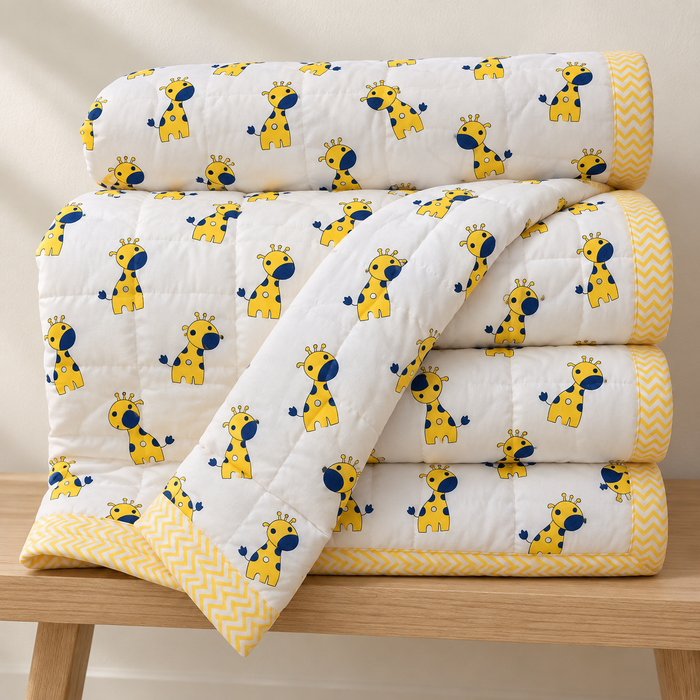 Yellow Giraffe Print Soft Malmal Kids Single Bed Razai – 100% Cotton
