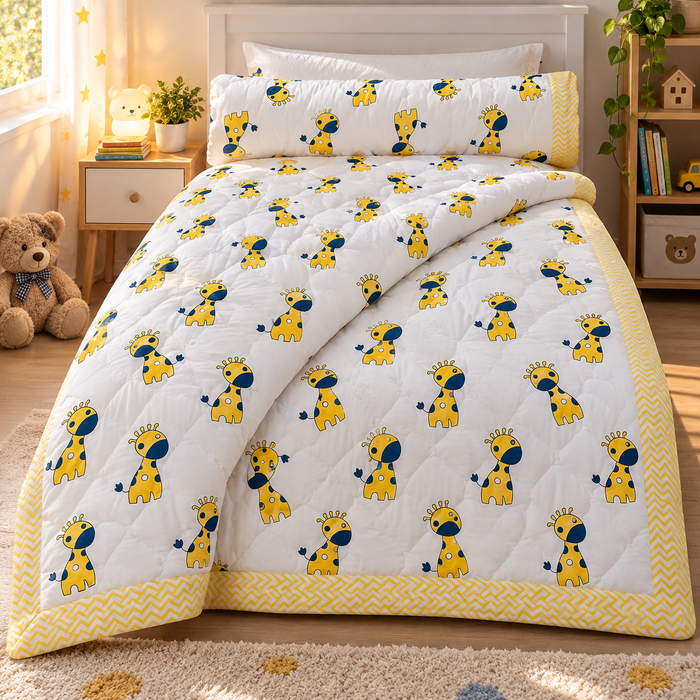 Yellow Giraffe Print Soft Malmal Kids Single Bed Razai – 100% Cotton