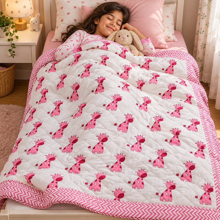 Pink Giraffe Print Soft Malmal Kids Single Bed Razai – 100% Cotton
